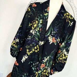 Chicos Ruched Sleeve Open Front Soft Blazer Floral Black 2 US 12